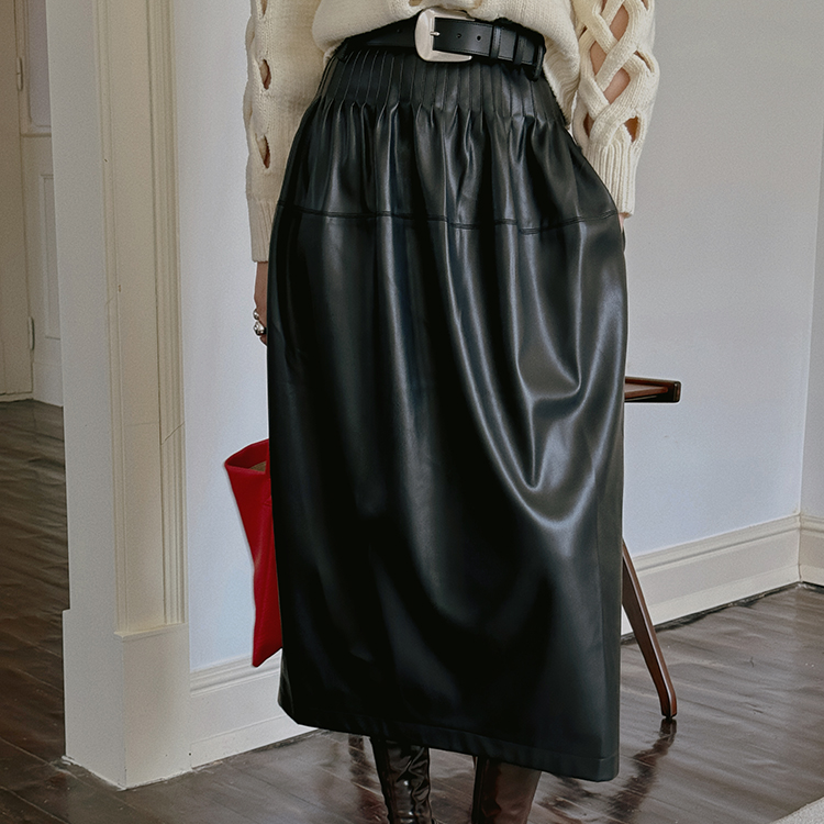 TOPCLOSET法式优雅塔克褶高腰环保pu皮花苞半身裙