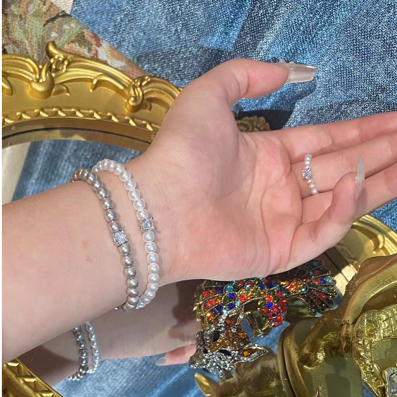 铜合金仿珍珠手链 精致正圆珍珠锆石手链 韩式温柔轻奢高保色手串