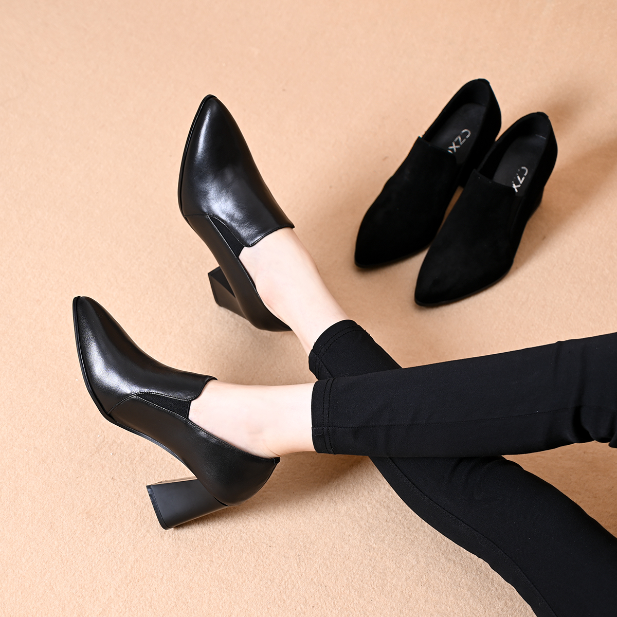 2024新款秋冬季深口单鞋女尖头高跟鞋粗跟舒适职业工作鞋