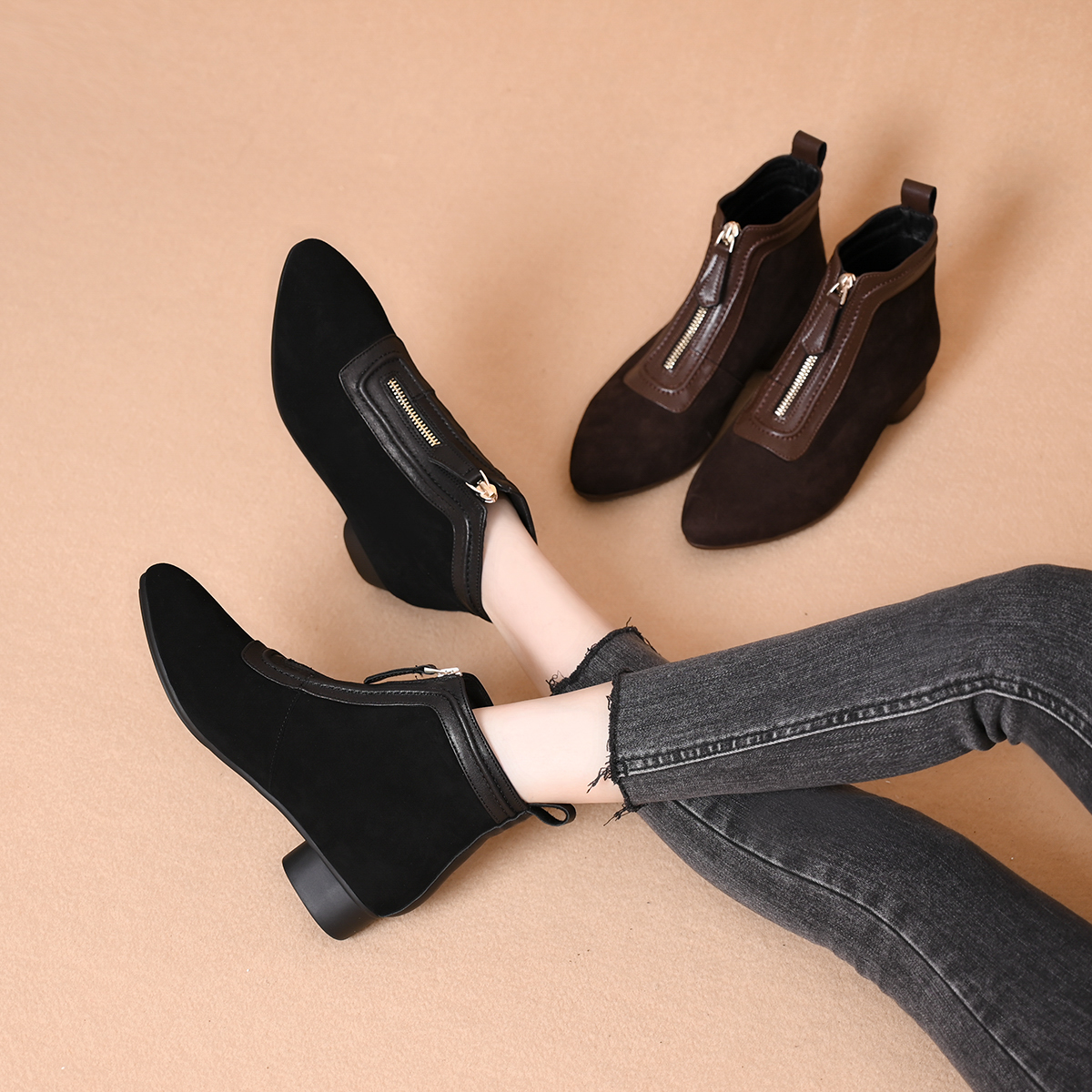 法式复古粗跟绒面短靴女单靴2025秋冬新款加绒复古切尔西及裸靴