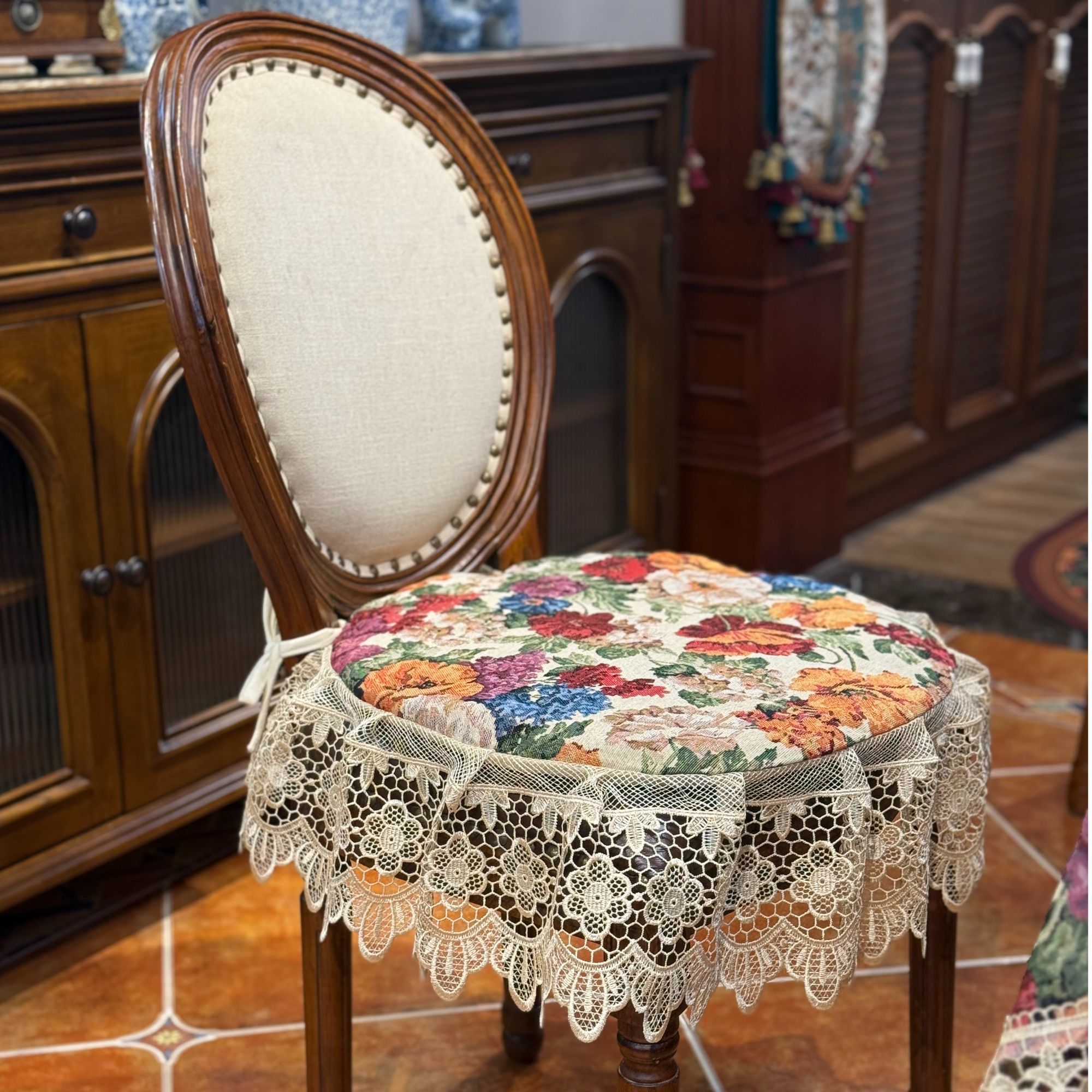 复古美式米色花卉棉麻蕾丝边餐椅垫家用椅子垫子坐垫可拆四季通用