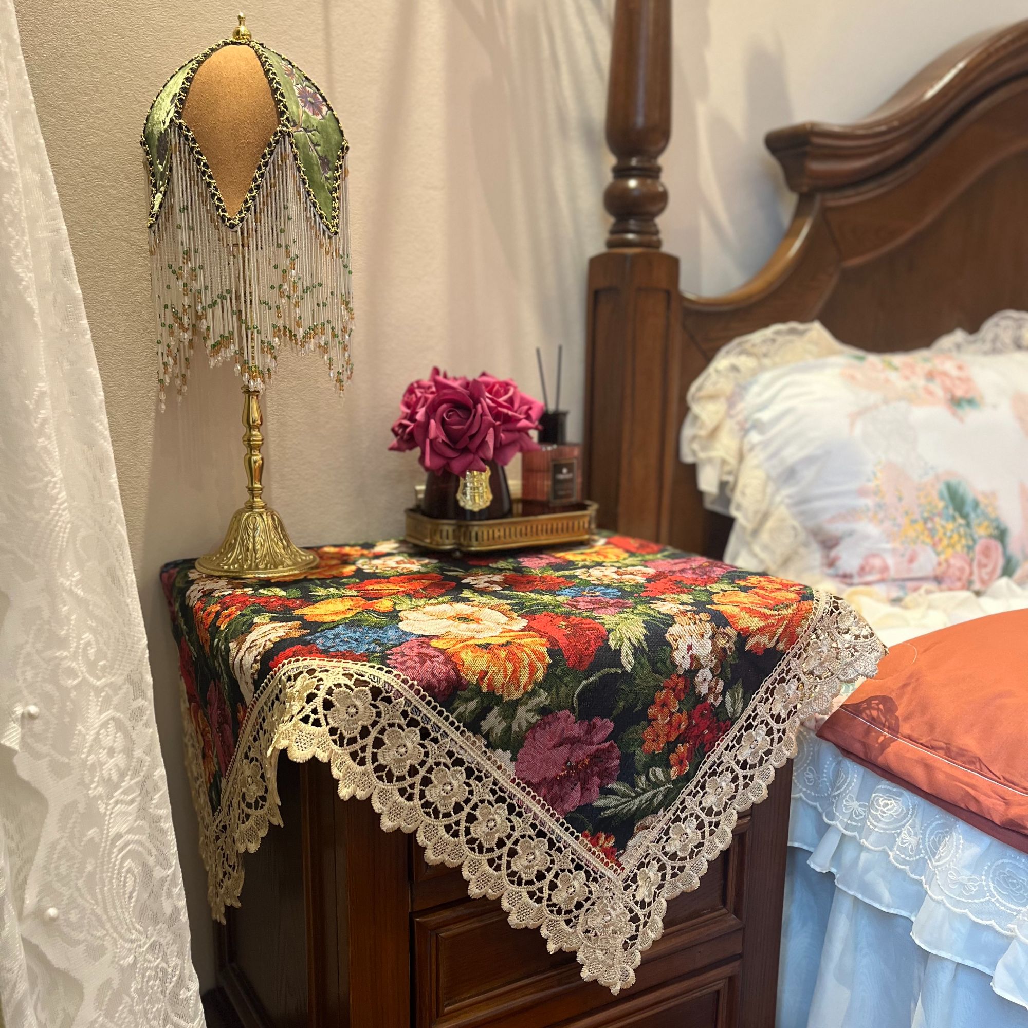 美式复古花卉蕾丝边床头柜盖巾几布床头柜万能盖巾边几柜多用防尘