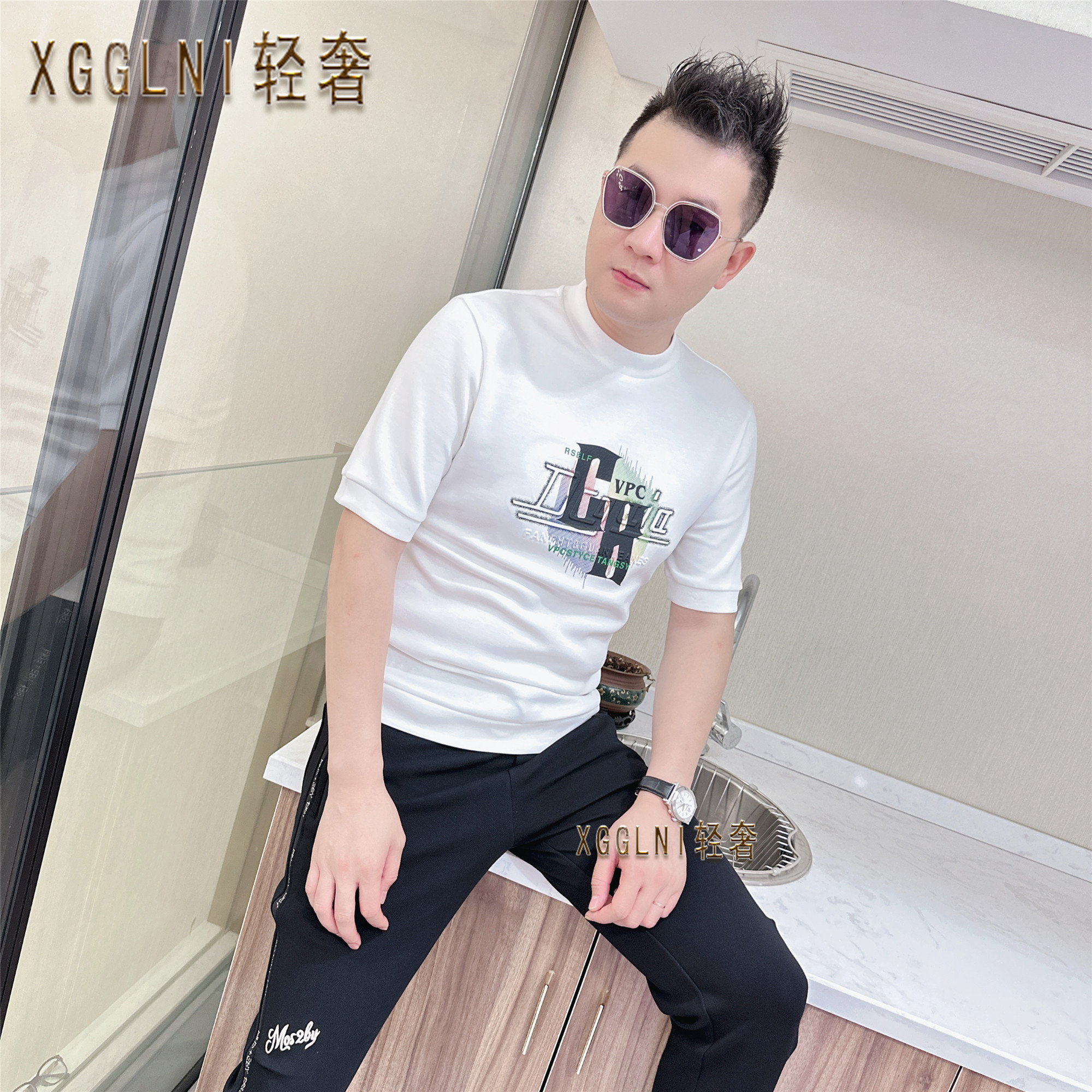 秋冬款VPC胸前CH压胶大字母男士品质高端轻奢洋气上档次潮短袖t恤