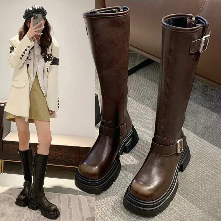 2023年新款网红长靴厚底复古年秋冬款骑士靴潮百搭女长筒靴时尚