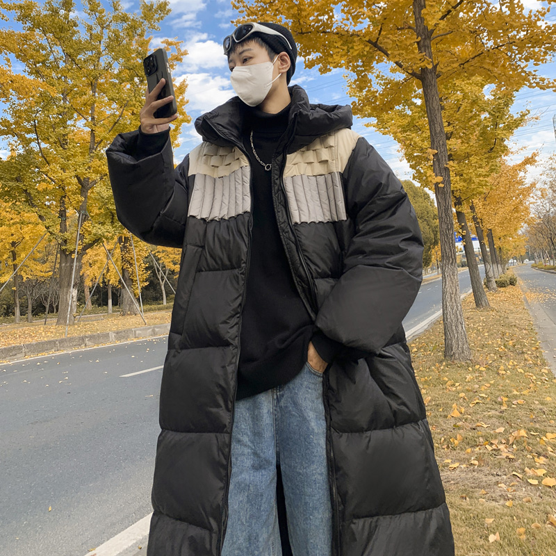 2023爆款加厚长款重工绑带白鸭绒羽绒服慵懒风拼色大码网红外套