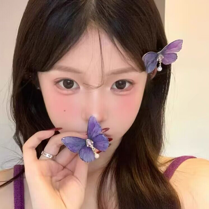 超仙灵动冰蓝蝴蝶发夹女2024新款侧边碎发刘海夹鸭嘴夹子发卡发饰