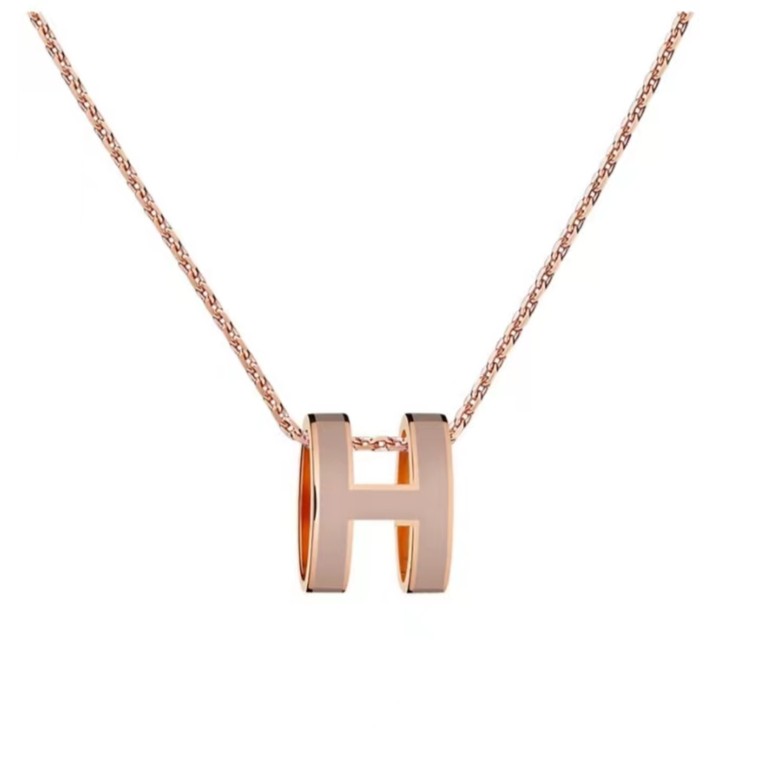 全新未使用 Hermes/爱马仕 经典pop H项链 奶茶灰/玫瑰金00003