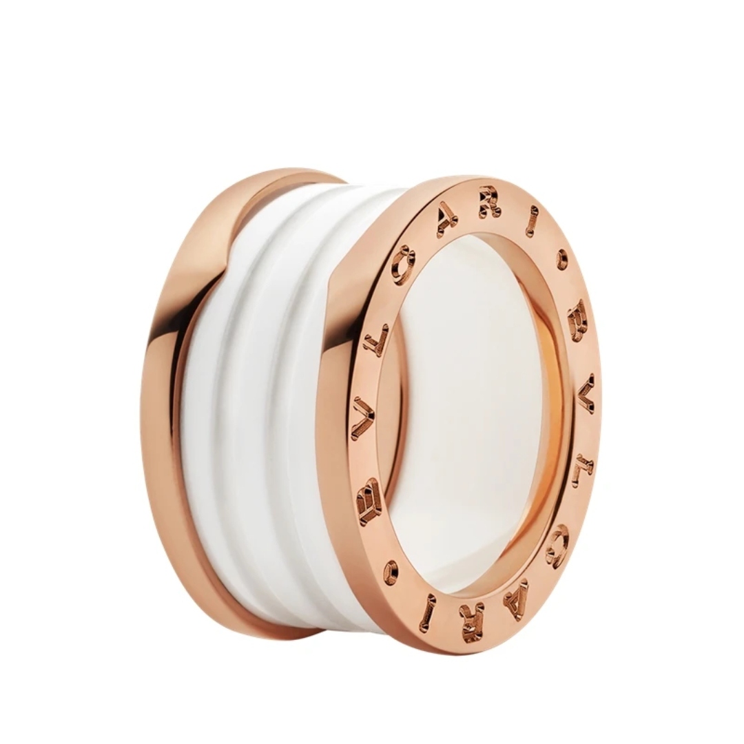 99新 BVLGARI/宝格丽 18k玫瑰金 白陶瓷 宽版四环戒指