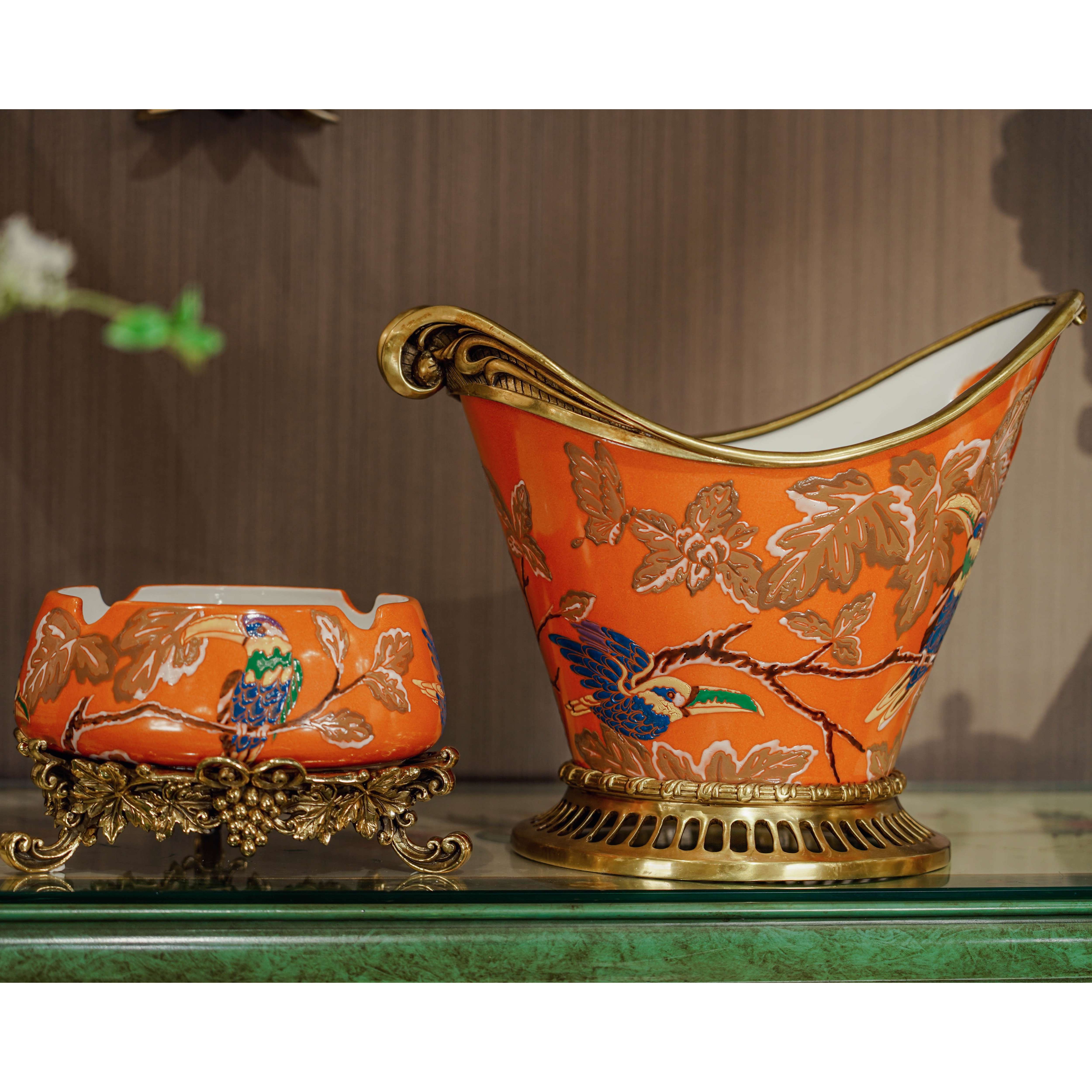 派力斯铜配瓷爱马仕橙色欧美法家用客厅茶室书房卧室纸巾盒摆件