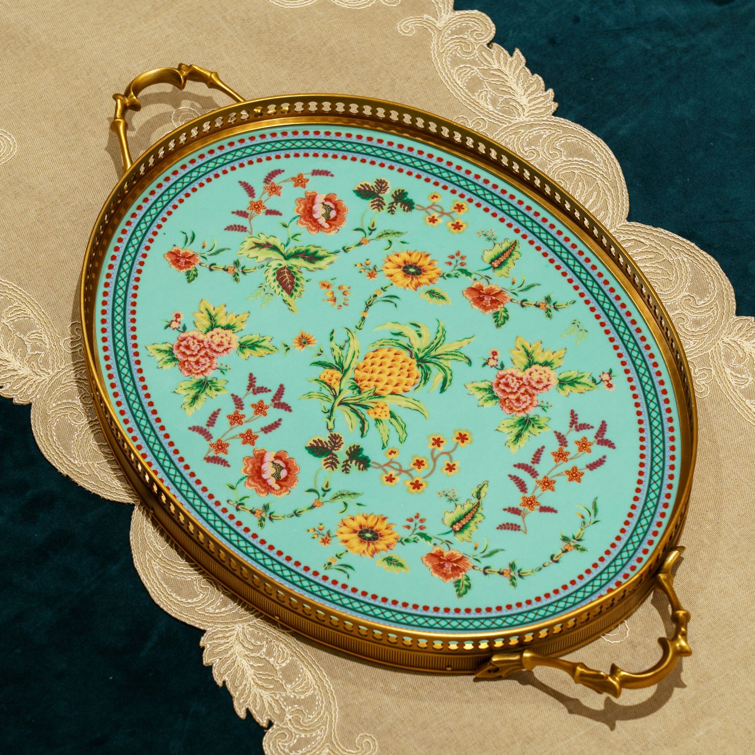 派力斯全铜复古法式美式艺术铜配瓷精美高端手绘家用会所酒店托盘