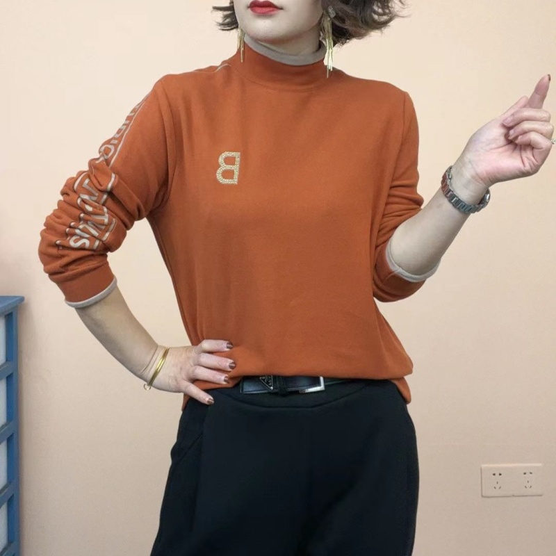 【厂家直销】新款半高领洋气时尚休闲百搭宽松套头印花加绒打底衫