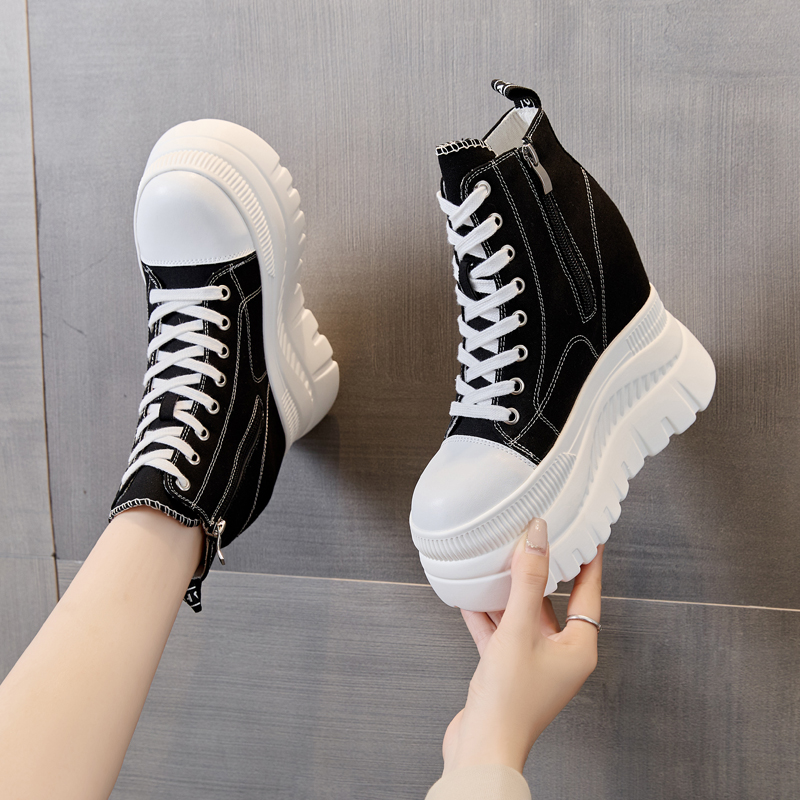 【萝莉公主12cm内增高】2025新款春秋帆布鞋女小个子厚底高帮休闲鞋