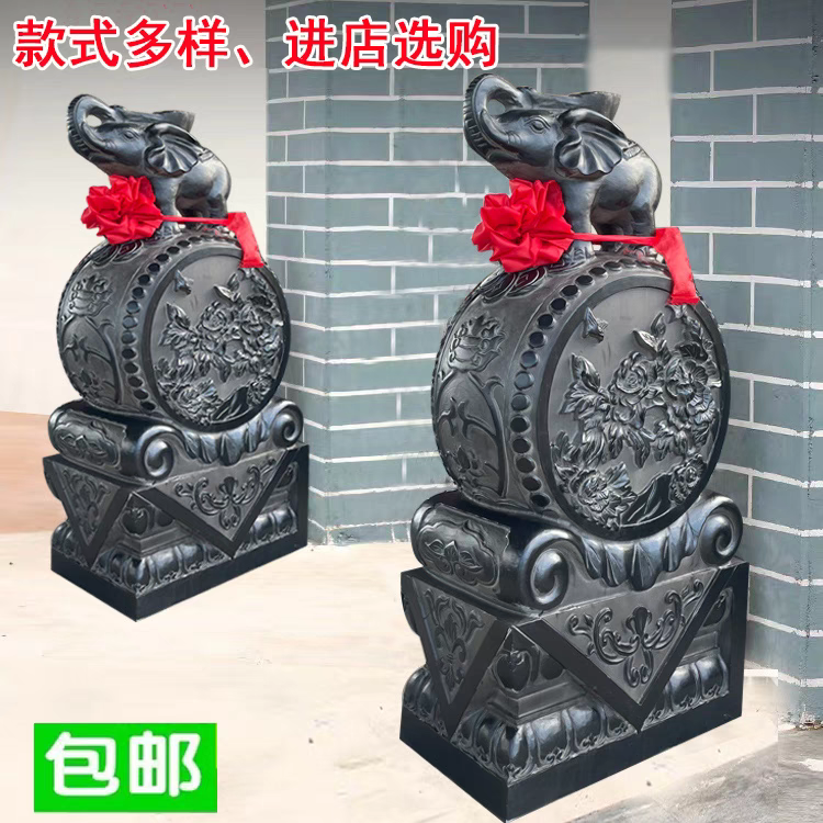 石雕门墩抱鼓石一对天然青石材小象貔貅狮子大理石庭院门口摆件