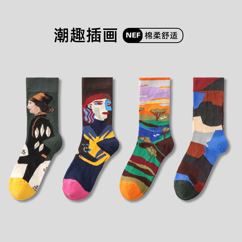 【8时髦好物】4双潮袜复古学院风油画创意袜子女韩版中筒袜插画个性