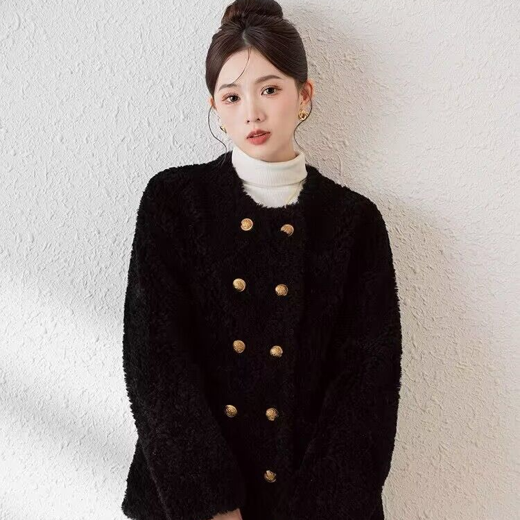 新款秋冬季圆领双排扣小香风颗粒羊毛一体保暖显瘦短外套女8838-2