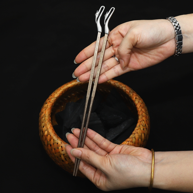 若容茶艺炭炉仙鹤火箸黄铜筷子木炭夹子茶炉配件火筷子竹编装炭篓