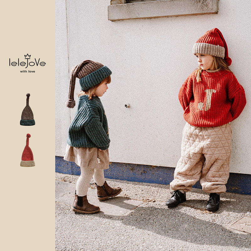 lelejove北欧风宝宝秋冬复古撞色精灵帽男女宝保暖针织帽4AT92682
