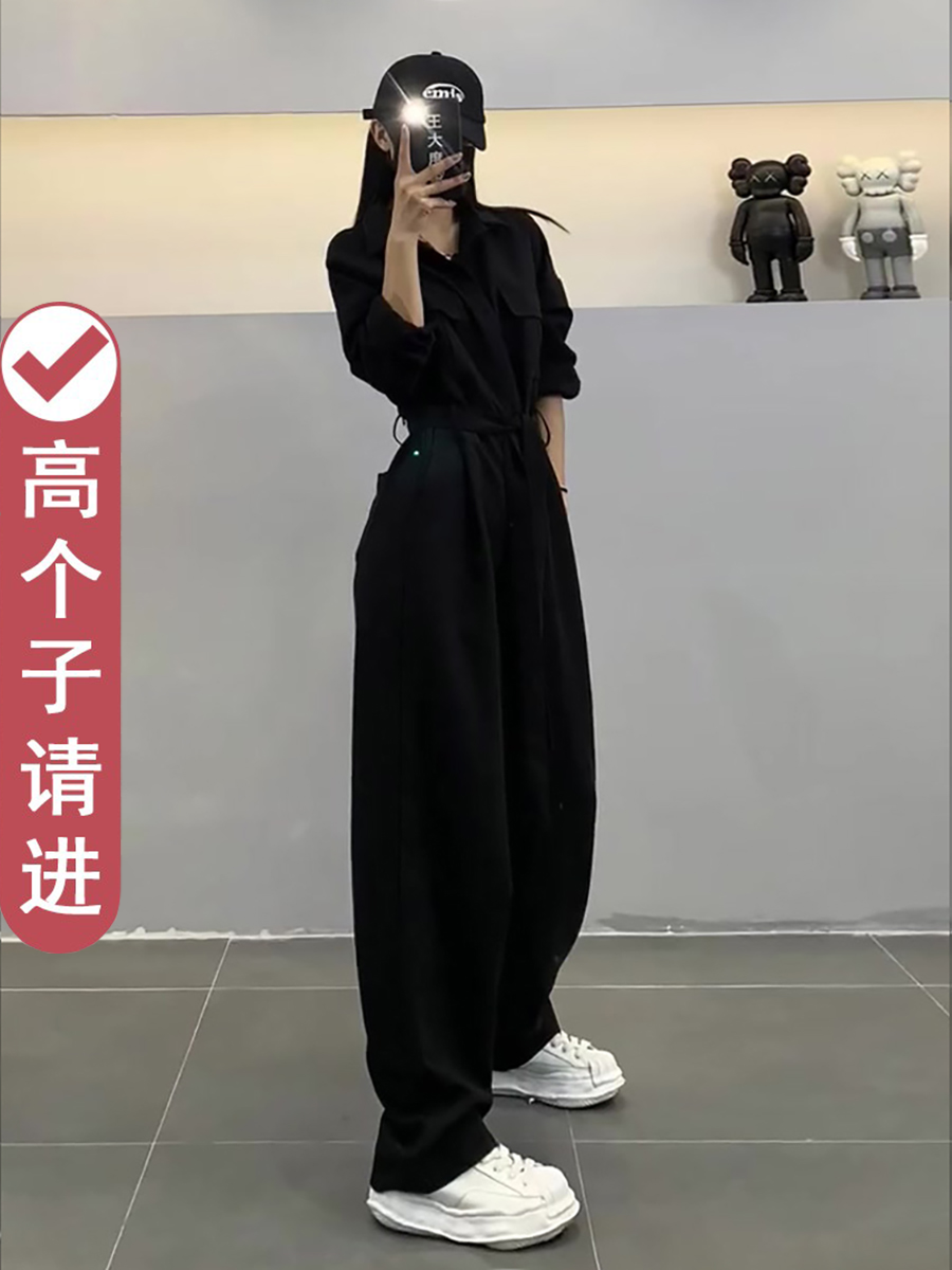 高个子酷飒风女装高级感工装阔腿裤秋季韩版复古山本风黑色连体裤