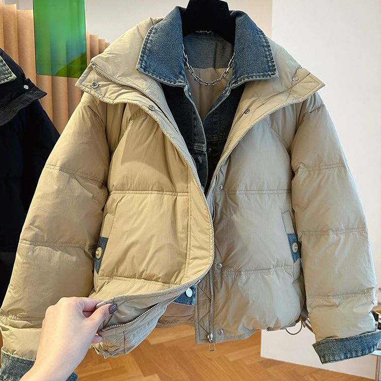 2023牛仔拼接新款小个子羽绒服假两件面包服短款加厚冬季外套