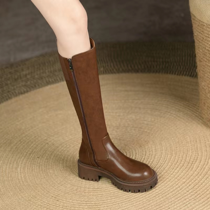 百丽纯爱真软皮长筒靴女新款秋冬高筒不过膝长靴厚底中筒靴小个子