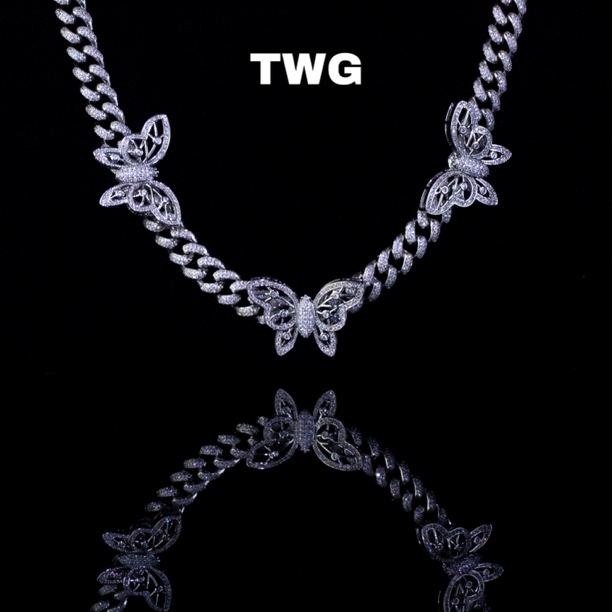 铜合金合成锆石项链 TWG新款嘻哈项链3只大蝴蝶吊坠满钻古巴链条