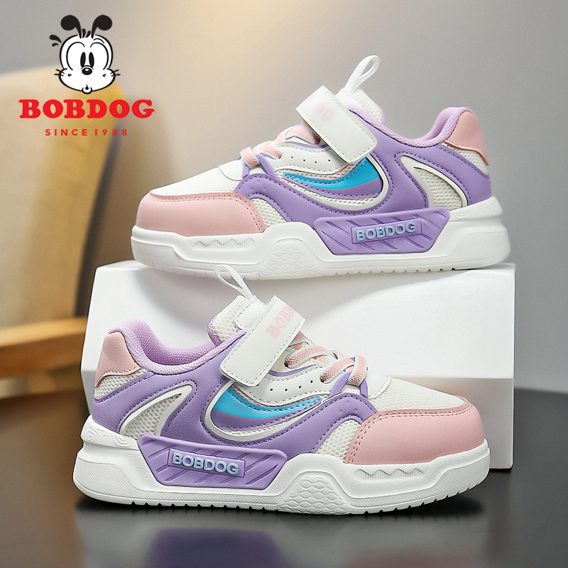 巴布豆女童鞋新款网面透气运动鞋女孩小女孩双网皮面休闲跑步鞋