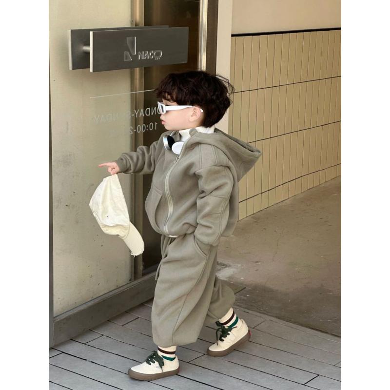 童装新款2023秋冬季韩版儿童宝宝加绒加厚儿童纯色时尚简约两件套