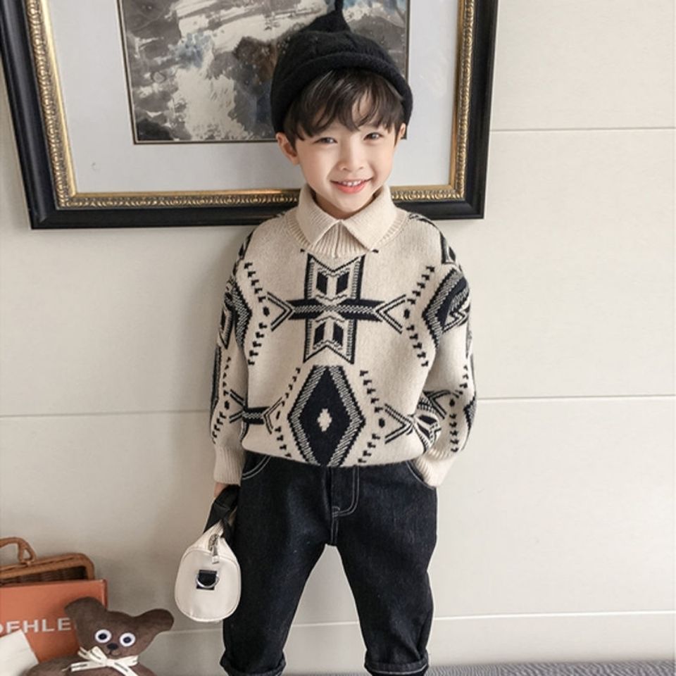 男童套头毛衣2023冬装新款保暖时尚帅气儿童翻领毛衣宝宝针织衫潮