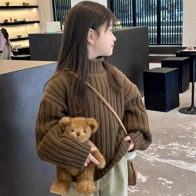 韩国童装儿童毛衣加厚针织女童秋冬纯色坑条宝宝高领弹力上衣线衫