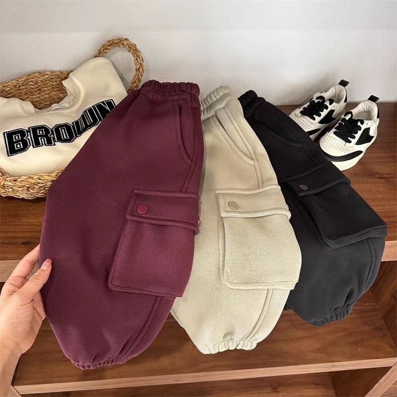 儿童长裤2023秋冬季新品男女童纯色加绒工装裤宝宝束脚卫裤厚