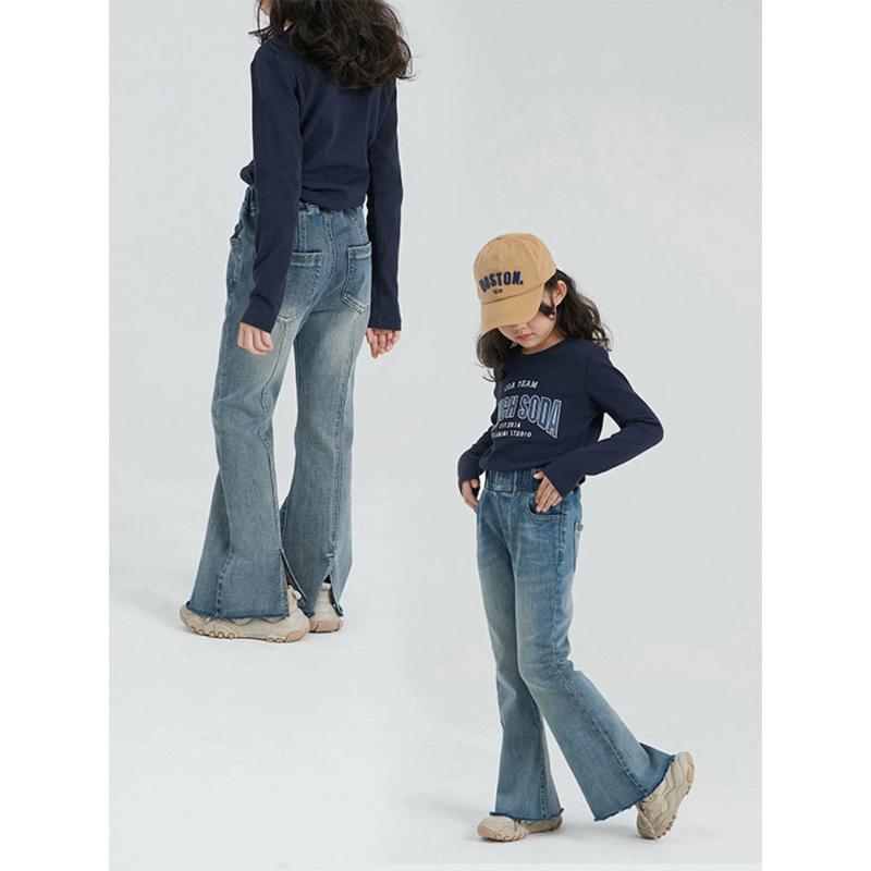 女童春秋冬季韩版加绒喇叭裤中大童新款百搭一体绒加厚童装牛仔裤