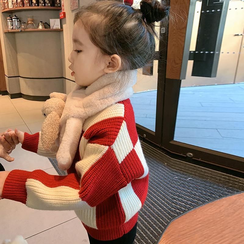 2023秋冬新款时尚洋气格子针织衫儿童宝宝加绒加厚上衣女童毛衣潮