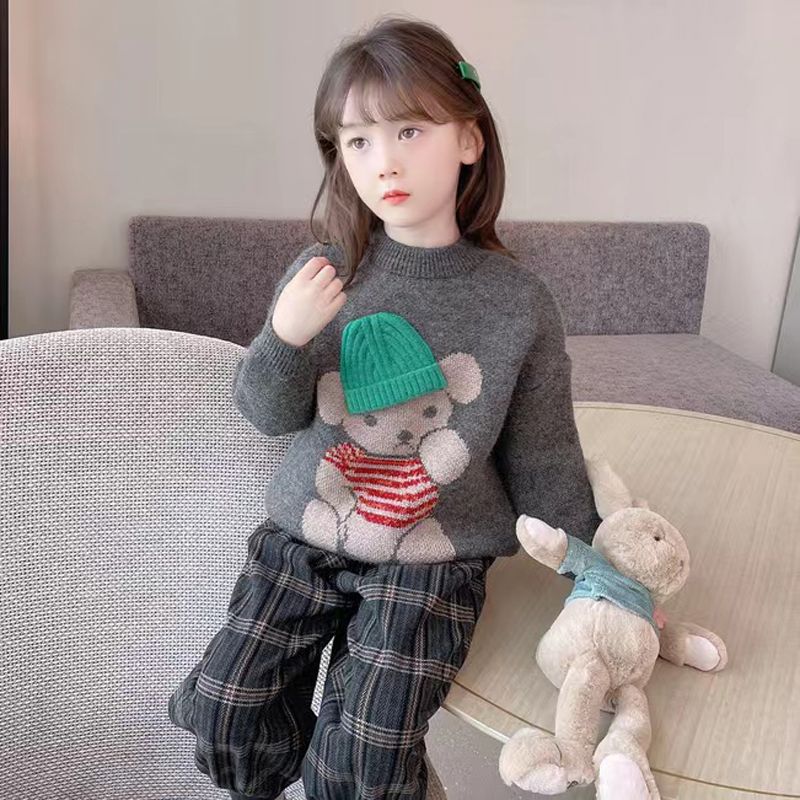 女童毛衣加厚秋冬2024新款男女童半高领小熊女大童打底针织衫