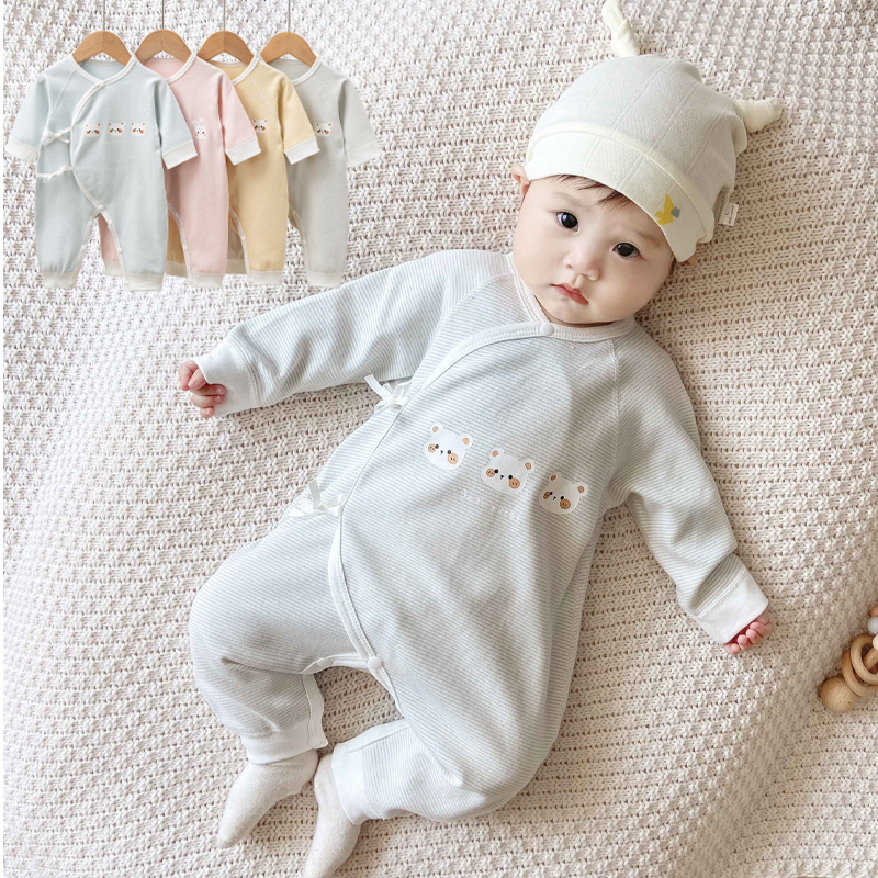 婴儿护肚蝴蝶衣新生儿月子服宝宝贴身无骨长袖条纹哈衣春秋