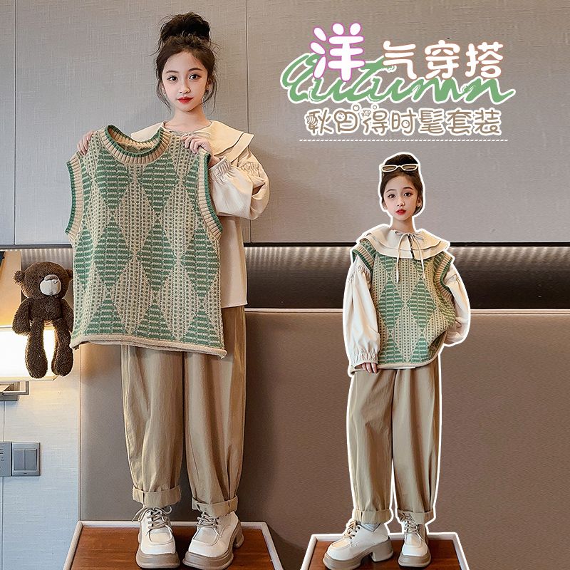 女童小清新春秋套装2023新款小女孩毛衣马甲衬衫两件套