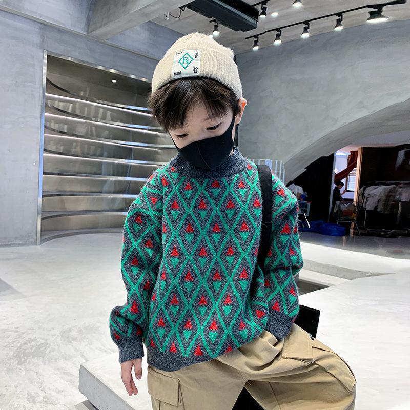 儿童装男童圆领毛衣加厚2023年秋冬新款中大童格子白搭保暖针织衫