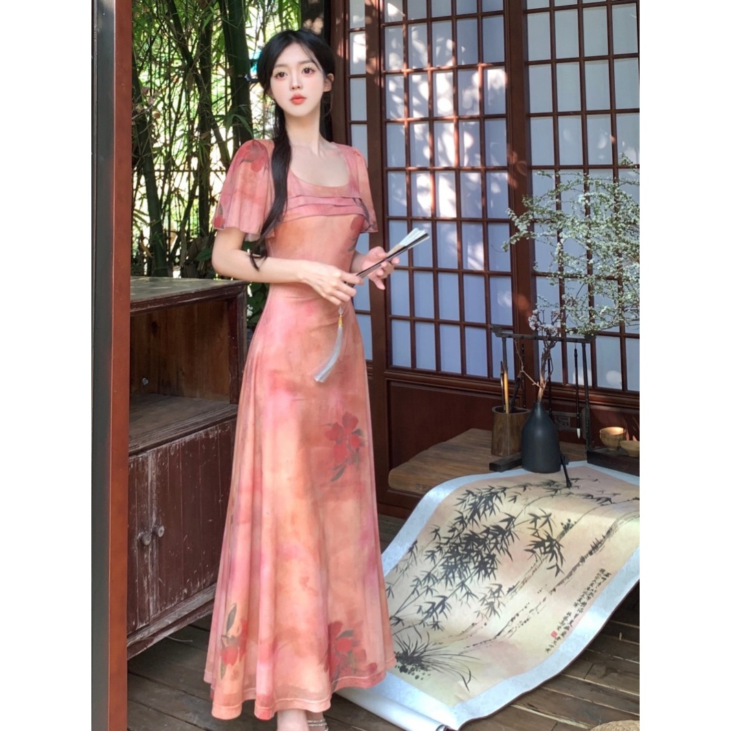大码女装粉色短袖印花连衣裙2024夏季法式长款修身显瘦方领裙子