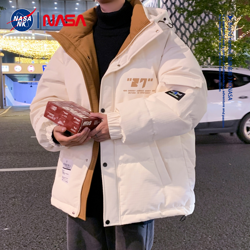 NASA联名男秋冬保暖羽绒服宽松休闲连帽冬季时尚百搭潮白鸭绒外套