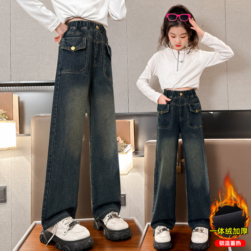 女童裤子加绒加厚儿童牛仔阔腿裤秋冬款长裤外穿潮款冬季装中大童