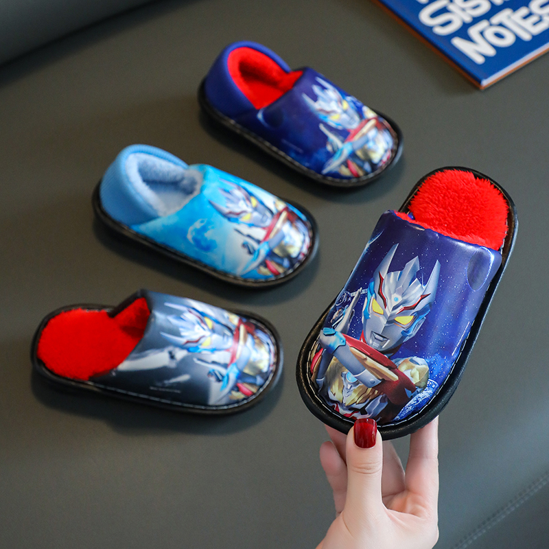 朵美巴拉巴拉宝宝奥特曼新款居家保暖小孩室内棉拖男女童皮面防水