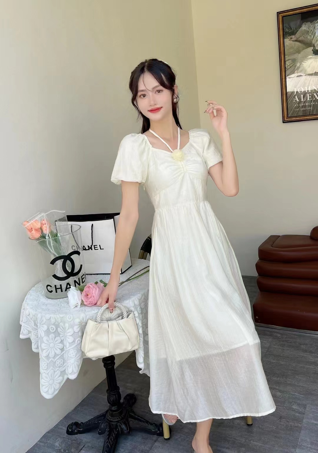 欧洲站新款白色连衣裙法式甜美收腰长裙夏季裙子显瘦气质初恋时尚