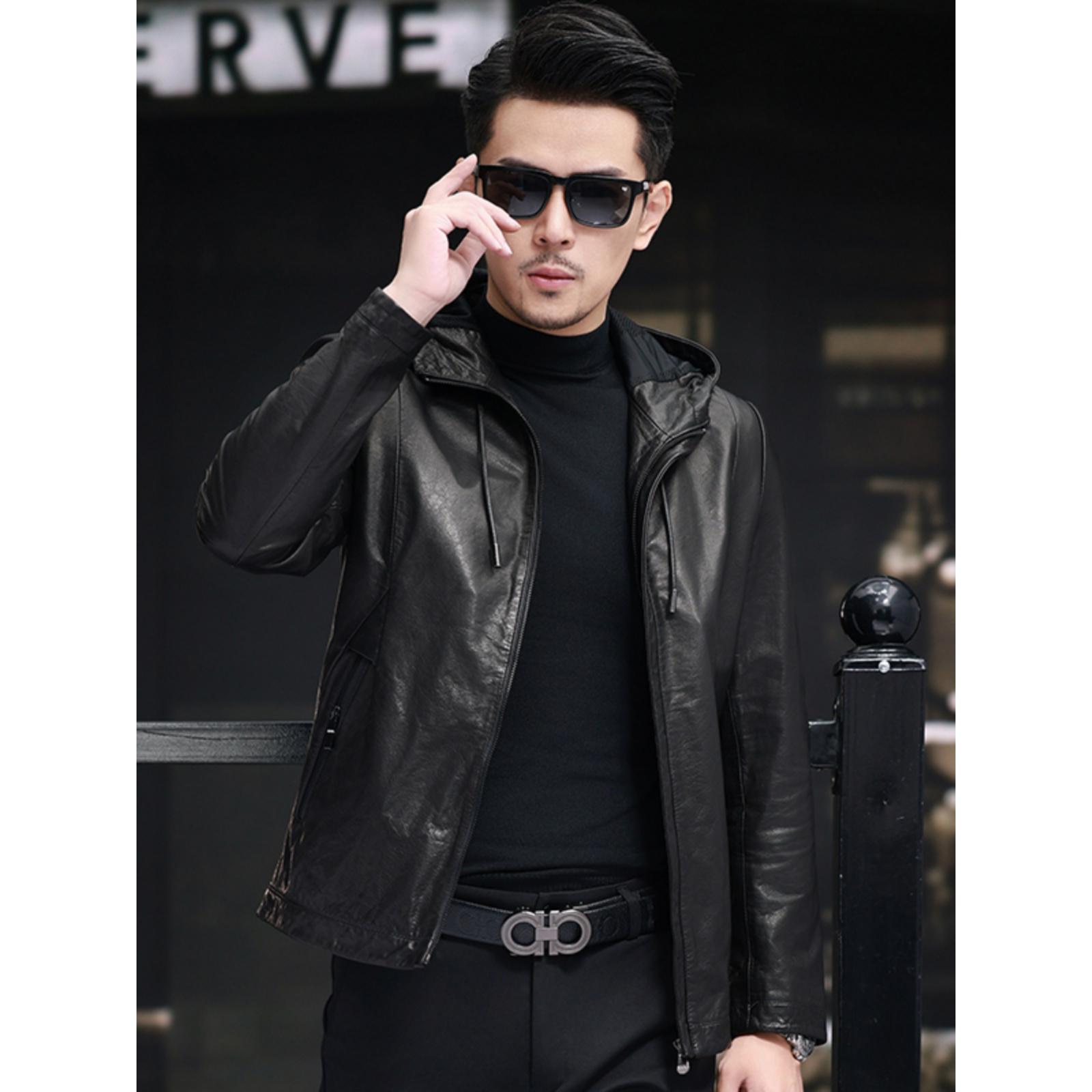 海宁新款头层牛皮防风门襟连帽款男上衣真皮皮衣