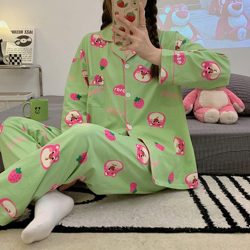 睡衣女春秋季外穿高颜值可爱草莓熊翻领开衫舒适家居服两件套2023