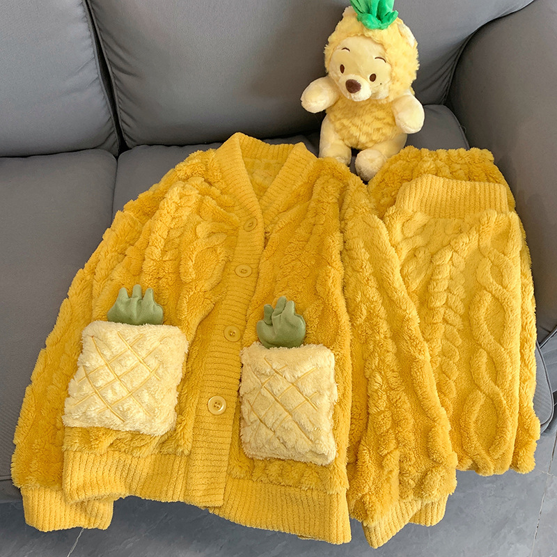 网红风可爱菠萝睡衣女冬季加厚保暖法兰绒秋冬可外穿家居实拍2023