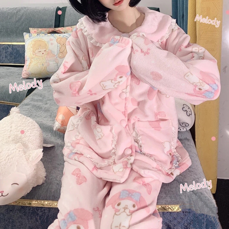 ins卡通甜美少女可爱美乐蒂法兰绒秋冬款加厚保暖家居服两件套