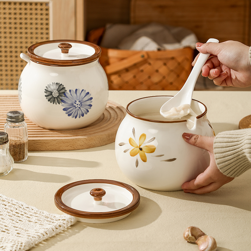 复古好看陶瓷装创意家用耐高温带盖勺辣椒油罐油泼辣子罐荤油罐