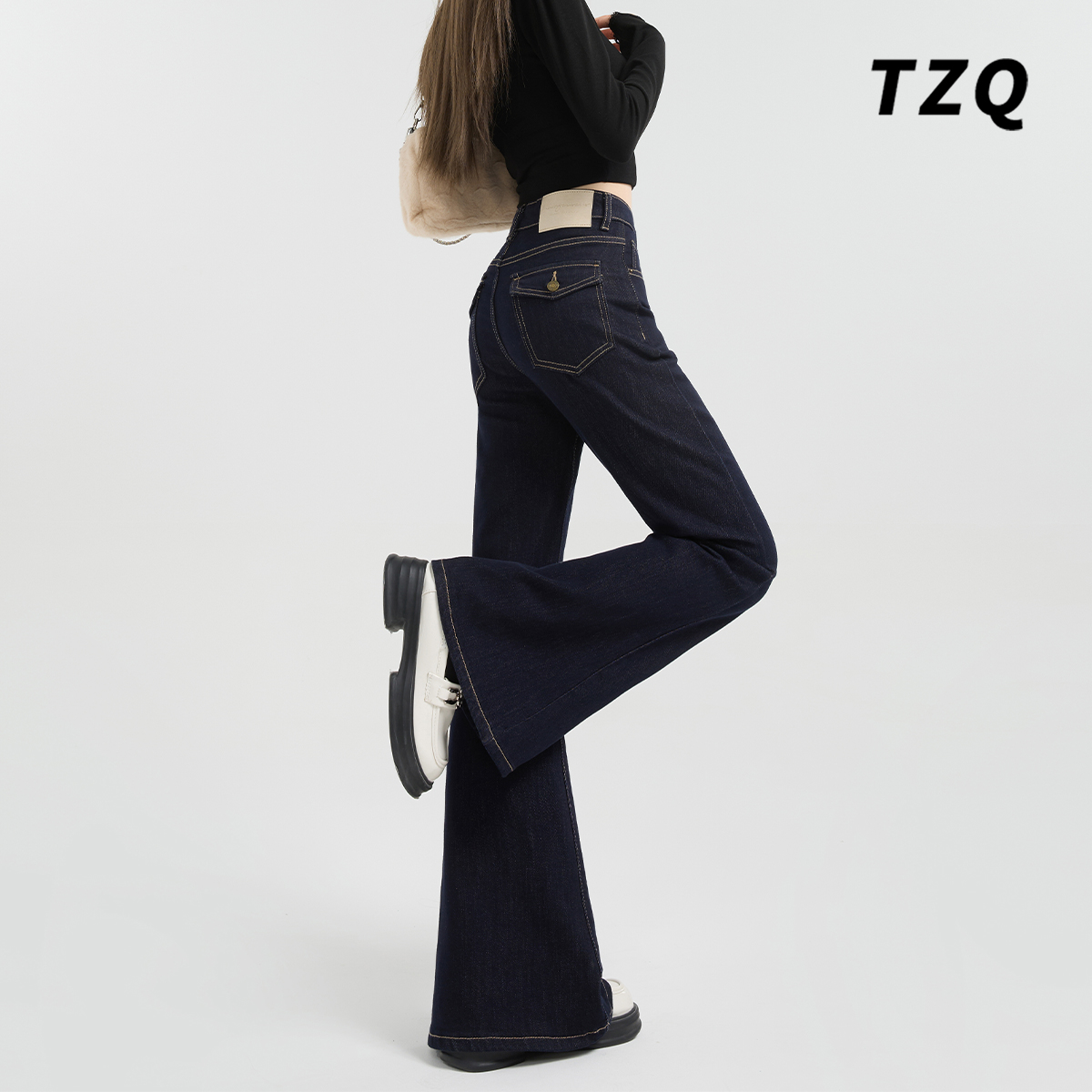 【比蟹猪专属】美式丹宁蓝加绒牛仔裤女装2025秋冬高腰拖地裤喇叭裤