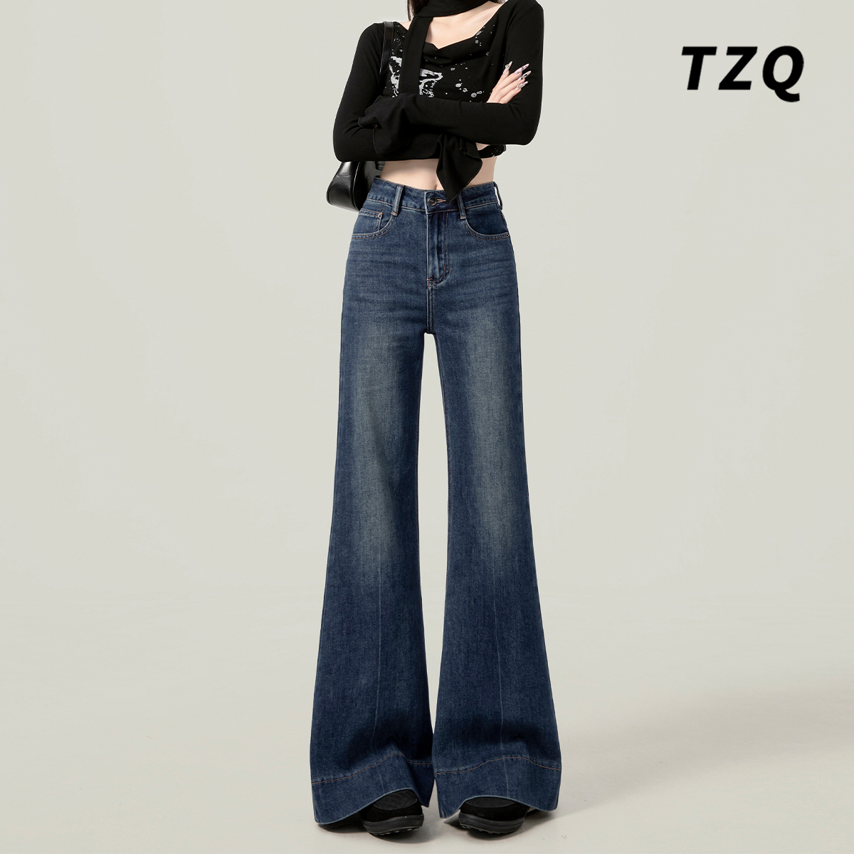复古蓝喇叭牛仔裤女2025早秋季新款高腰百搭小个子不贴腿微喇裤子