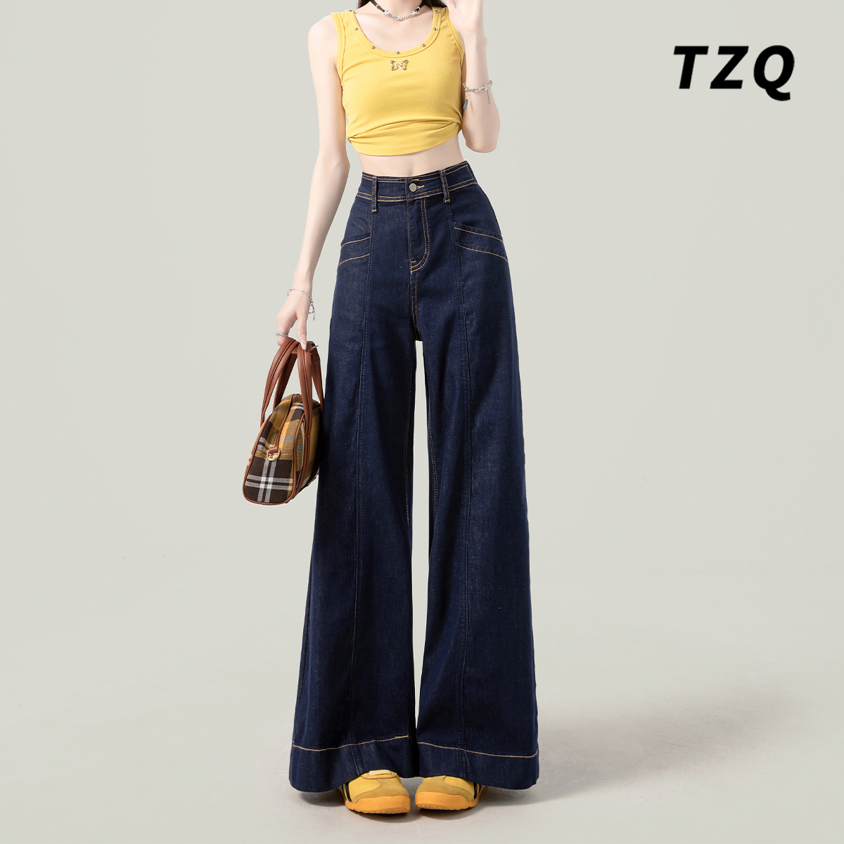 设计感异色车线高腰垂感阔腿裤女宽松直筒丹宁蓝牛仔裤子TZQ81471