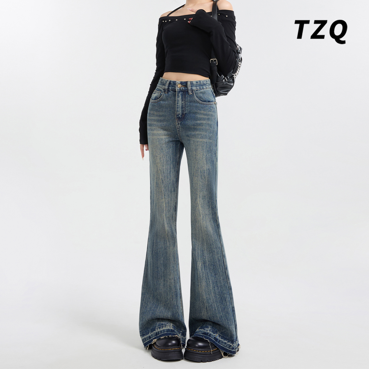 加绒加厚美式高腰显瘦复古毛边微喇叭牛仔裤女秋冬新款TZQ111014